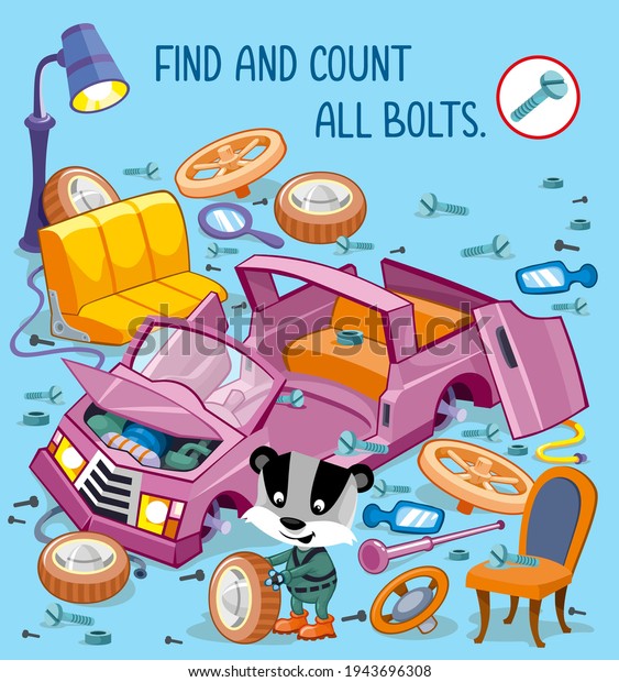 Help the\
raccoon repair the car. Find and count all the bolts. A game for\
children. Vector illustration, full\
color.