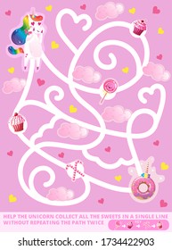 Help the Rainbow Unicorn collect all the sweets in a single line without repeating the path twice. Color maze or labyrinth game for preschool kids. Puzzle. Tangled road with answer or key. 