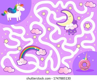 Help the rainbow unicorn find the way to the yummy donut. Color maze or labyrinth game for preschool kids. Puzzle. Tangled road. 