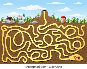 Help red ant to find way out from underground maze