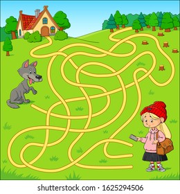 Help Red Riding Hood find the way to her grandmother's house. Maze game for kids. Vector cartoon illustration. Education game for children.