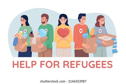 Help for refugees 2D vector isolated illustration. Volunteers collecting clothing and toys flat characters on cartoon background. Colourful scene for mobile, website, presentation. Comfortaa font used