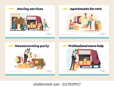 Ayuda con la reubicación y el traslado al nuevo concepto de servicio de carga profesional de apartamentos de las páginas de aterrizaje establecidas con cargadores que transportan cajas preparándose para una nueva casa. Dibujo vectorial plano de dibujos animados