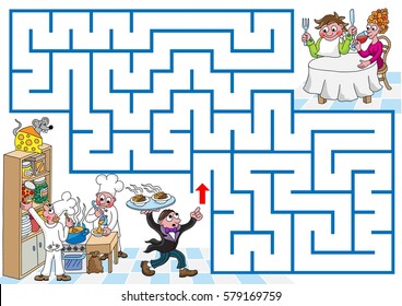 Help restaurant waiter to find a path to hungry guests.
Labyrinth for kids. Landscape, easy.