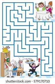 Help restaurant waiter to find a path to hungry guests.
Labyrinth for kids. Portrait, easy.