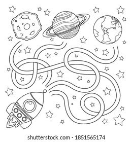 Help rocket find path to Earth. Labyrinth. Maze game for kids. Black and white illustration for coloring book