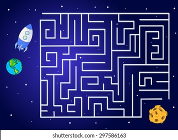 Help the rocket fly to the moon from our planet. Run your spacecraft through the labyrinth. Educational game for children. Vector illustration