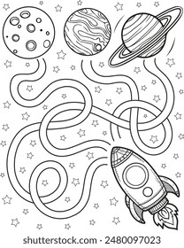 Help the rocket land on the planet. Coloring page outline of the cartoon labyrinth. Colorful vector illustration of educational maze game for preschool children, summer coloring book for kids.