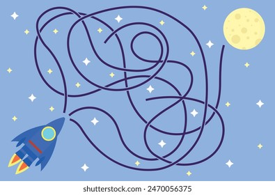 Ayuda Cohete Alcanzar La Luna Niños Divertidos Laberinto. Materiales educativos y acertijos concepto Vector