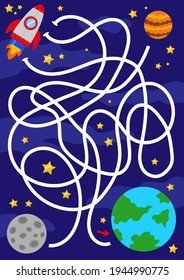 Help the rocket return to earth. Labyrinth. Maze game for children. Vector illustration. Stars and moon.