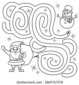 Help Santa Claus find path to snowman. Labyrinth. Maze game for kids. Black and white vector illustration for coloring book