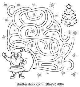 Ayude a Santa Claus a encontrar el camino al árbol de navidad. Laberinto. Juego de mazmorras para los niños. Ilustración vectorial en blanco y negro para libro de colorantes