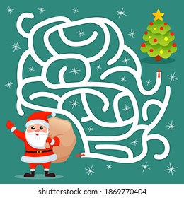 Help Santa Claus find path to christmas tree. Labyrinth. Maze game for kids