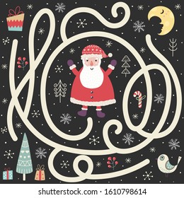 Help the Santa Claus find the way to the Christmas tree. Labyrinth game for kids. Winter maze for children. Vector illustration