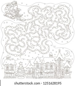 Help Santa Claus with his big bag of gifts find the right way to a small snow-covered town in the night before Christmas. Black and white printable board game for kids.