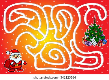 Help Santa Claus pass through a maze and find a Christmas tree. Educational game for children. Vector illustration