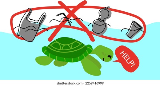 Help. Save turtle. Ocean trash, waste, junk and plastic. Seabed cleaning. Vector illustration