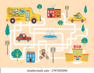 Help the school bus find the right path to the school. Color maze or labyrinth game for preschool children. Puzzle. Tangled road. Transport for kids