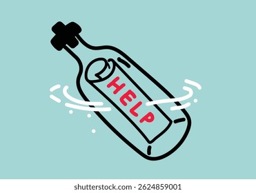 Hilfe Scrollen in Flasche schwimmend in Meerwasser Illustration