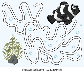 Ayude a los peces negros del mar a encontrar el camino para el kelp. Juego lógico para niños. Entrada y salida. Laberinto con respuesta. Juego de laberinto educativo con peces payaso adorables. Ilustración de estilo de dibujos animados vectores.