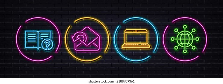 Hilfe, E-Mail und Notebook-Minimalsymbole. Neon Laser 3D-Lichter. Internationale Globus-Symbole. Für Web, Anwendung, Druck. Dokumentation, Gesendete Nachricht, Laptop-Computer. World Networking. Vektorgrafik