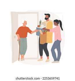 Help seniors isolated cartoon vector illustration. Family bringing food to an old lady, volunteers life, personal growth, having a purpose, collective aid to aged people vector cartoon.
