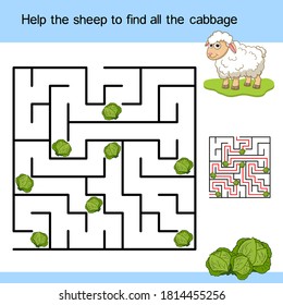 Hilf den Schafen, die Kohl zu finden. Frohes Labyrinth und süßes Cartoon-Charakterlamm einzeln auf buntem Hintergrund. Ein Eingang. Logic Labyrinth für Kinder mit Lösung. Bildungsspiele-Rätsel.