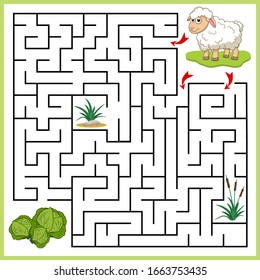 Help Sheep to find the right path to cabbage, grass, sedge. Three entrances, one exit. Answer under the layer. Square Maze Game. Labyrinth conundrum for kids. Education worksheet. Cute cartoon style.