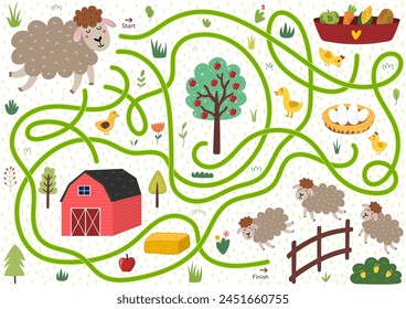 Help the sheep to find a way to the fence. Farm maze activity for kids. Mini game for school and preschool. Vector illustration