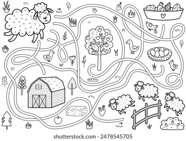 Help the sheep to find a way to the fence. Farm maze activity in black and white for kids. Mini game for school and preschool in outline. Vector illustration