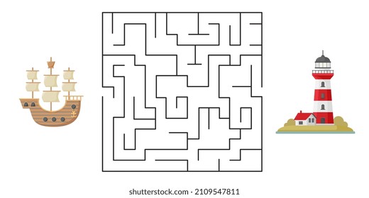 Help the ship find the way to the lighthouse. Labyrinth for children. Vector illustration isolated on white background.