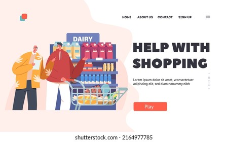 Help with Shopping Landing Page Template. Male Character Helping to Pensioner to Buy Grocery Products in Store. Kind Volunteer Help Senior Gentleman in Supermarket. Cartoon Vector Illustration