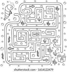 Help the shrimp find the path to her home. Black and white labyrinth for kids. Coloring page for children with the task. Vector illustration