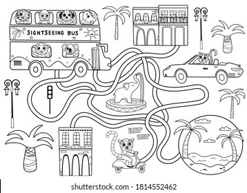 Help the sightseeing bus find the right path to the beach. Maze or labyrinth game for preschool children black and white for coloring. Puzzle. Tangled road. Transport for kids