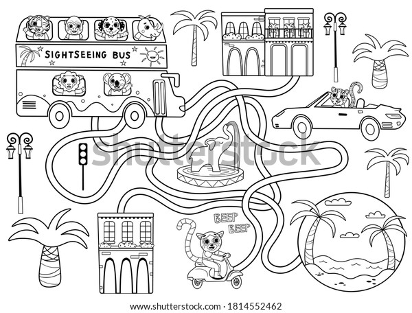 Help the
sightseeing bus find the right path to the beach. Maze or labyrinth
game for preschool children black and white for coloring. Puzzle.
Tangled road. Transport for
kids