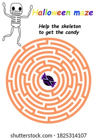 Help the skeleton to get the candy children maze game stock vector illustration. Funny educational halloween labyrinth game with candy and skeleton. Colorful simple vertical worksheet maze game.