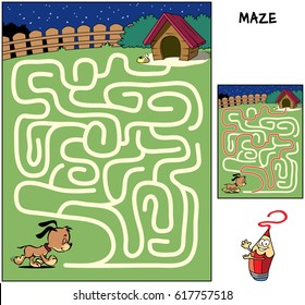 Help the sleepy puppy to reach his doghouse. Educational maze game for children. Cartoon vector illustration