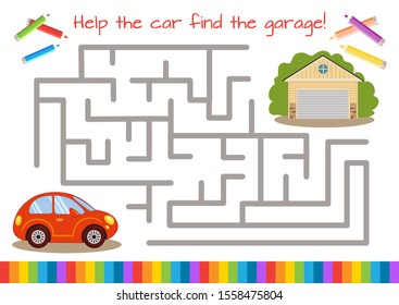 Help the small car find the garage. Educational game for children. Cartoon vector illustration