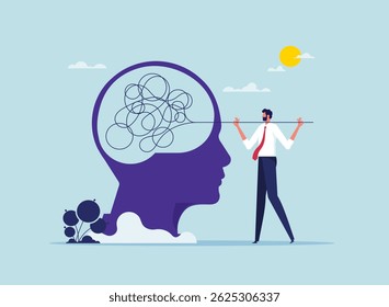 Help in solving problems concept, unravels tangled thoughts in a big head, thought process to find a way out of difficult situation, teamwork to create new creative and innovative ideas