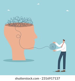 Help in solving problems, intelligence and thought process to find a way out of difficult situation, teamwork to create new creative and innovative ideas, man unravels tangled thoughts in a big head.