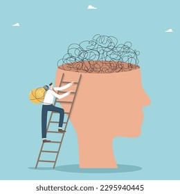 Help in solving problems, thinking to find way out of difficult situation, creating new creative or innovative ideas and achieving goals, man with a light bulb rises to big head with confused thoughts