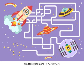 Ayudar a la nave a encontrar el camino correcto a la estación espacial internacional. Juego de laberinto o laberinto para niños en edad preescolar. Rompecabezas. Camino enmarañado. Transporte para niños