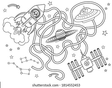 Help the spaceship find the right way to the international space station. Maze or labyrinth game for preschool children black and white for coloring. Puzzle. Tangled road. Transport for kids