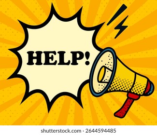 Help speech bubble. Megaphone, lightning, speech burst, sound lines, pop art style, loudspeaker, public speaking, yellow background, expression, voice, alert, broadcast