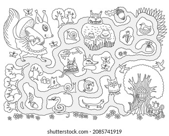 Help the squirrel carry the big mushroom to her house in the hollow of the tree. Labyrinth. Maze game for kids. Black and white vector illustration for coloring book