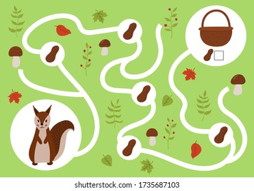 Help the squirrel collect all nuts to the basket. Educational maze game for preschool children. Learn counting. Write answer. Activity worksheet for kids.