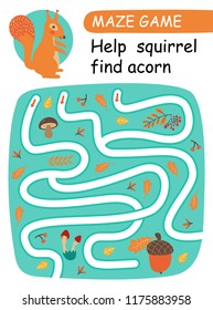 Help squirrel find acorn. Maze game for kids. Vector illustration