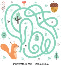 Help the squirrel find the way to the nut. Forest labyrinth for kids. Maze game for children. Vector illustration