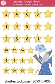 Help the stargazer find out the number of stars. Continue the row game with numerals and cute fairytale character. Magic kingdom logical math activity for preschool kids
