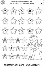 Ayude a que la estrella de la escena descubra el número de estrellas. El blanco y el negro continúan el juego de la fila con números y un bonito personaje de cuento de hadas. Actividad matemática lógica del reino mágico o página de coloración para niños
